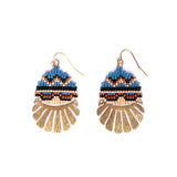 Mayana Designs Beaded Santa Fe Drops – Tribal Blue Edition, showcasing the intricate beadwork and brass charm in a vibrant blue tribal design.
