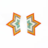 Handmade half-star earrings in orange, mint and white, with elegant beading and a modern design for a chic look