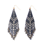 Mayana Designs Beaded Handwoven Taos Fringe Earrings in Teal, showcasing intricate beadwork and fringe details with a pop of vibrant color.