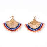 Handwoven Flamenco Fan Earrings in Ombre White, Blue, and Red Beads by Mayana Designs 