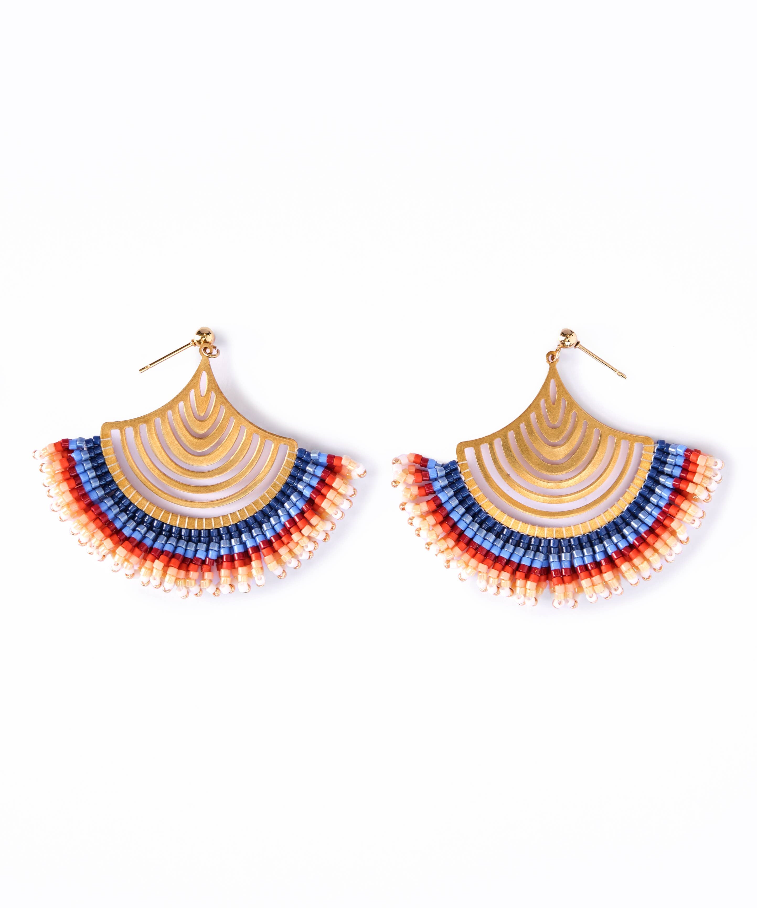 Handwoven Flamenco Fan Earrings in Ombre White, Blue, and Red Beads by Mayana Designs 