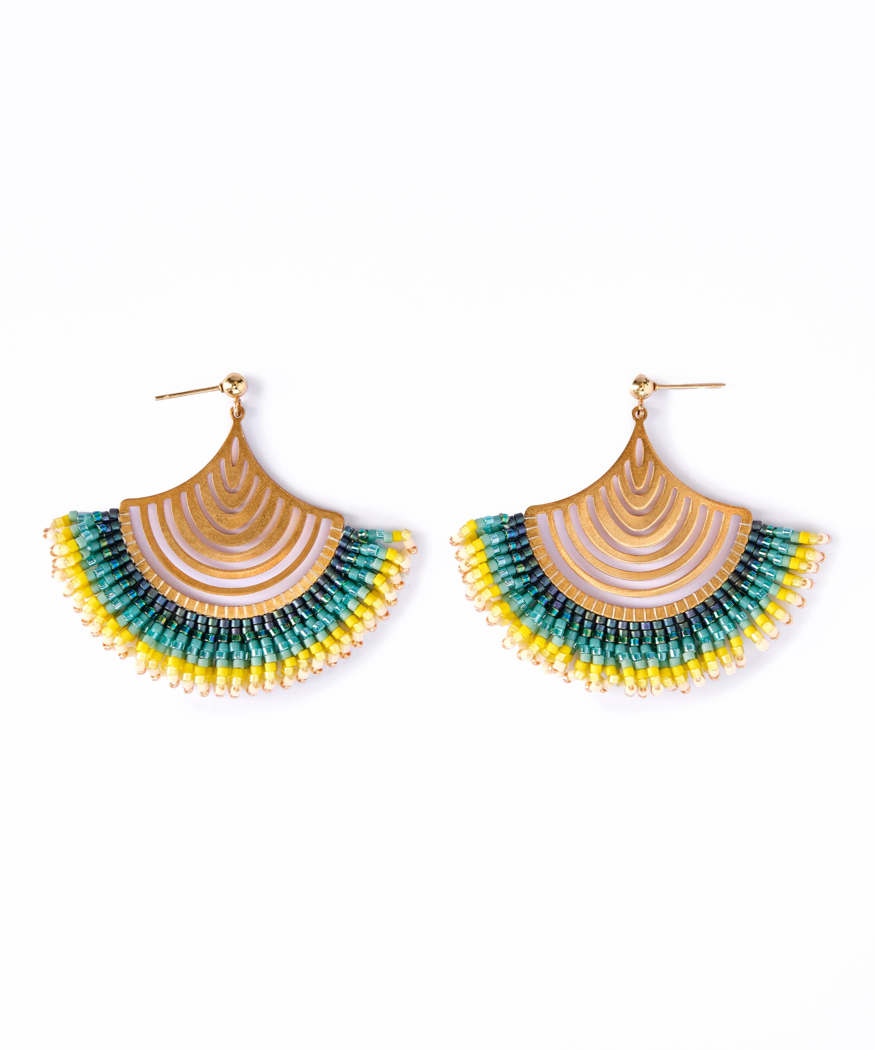 Mayana Designs Beaded Handwoven Flamenco Fan Earrings in Aqua – perfect for a bohemian summer look