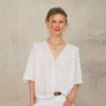 Model wearing Frill Detail Blouse in Ivory styled with white jeans.