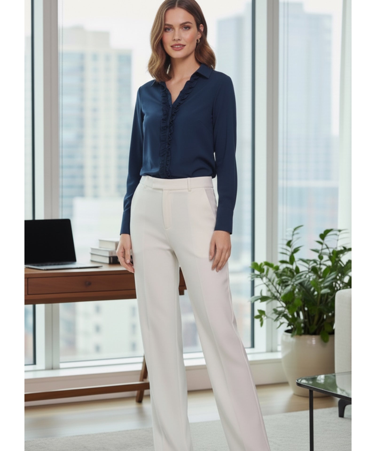 Model wearing MMSybel navy satin ruffle shirt, styled with white pants