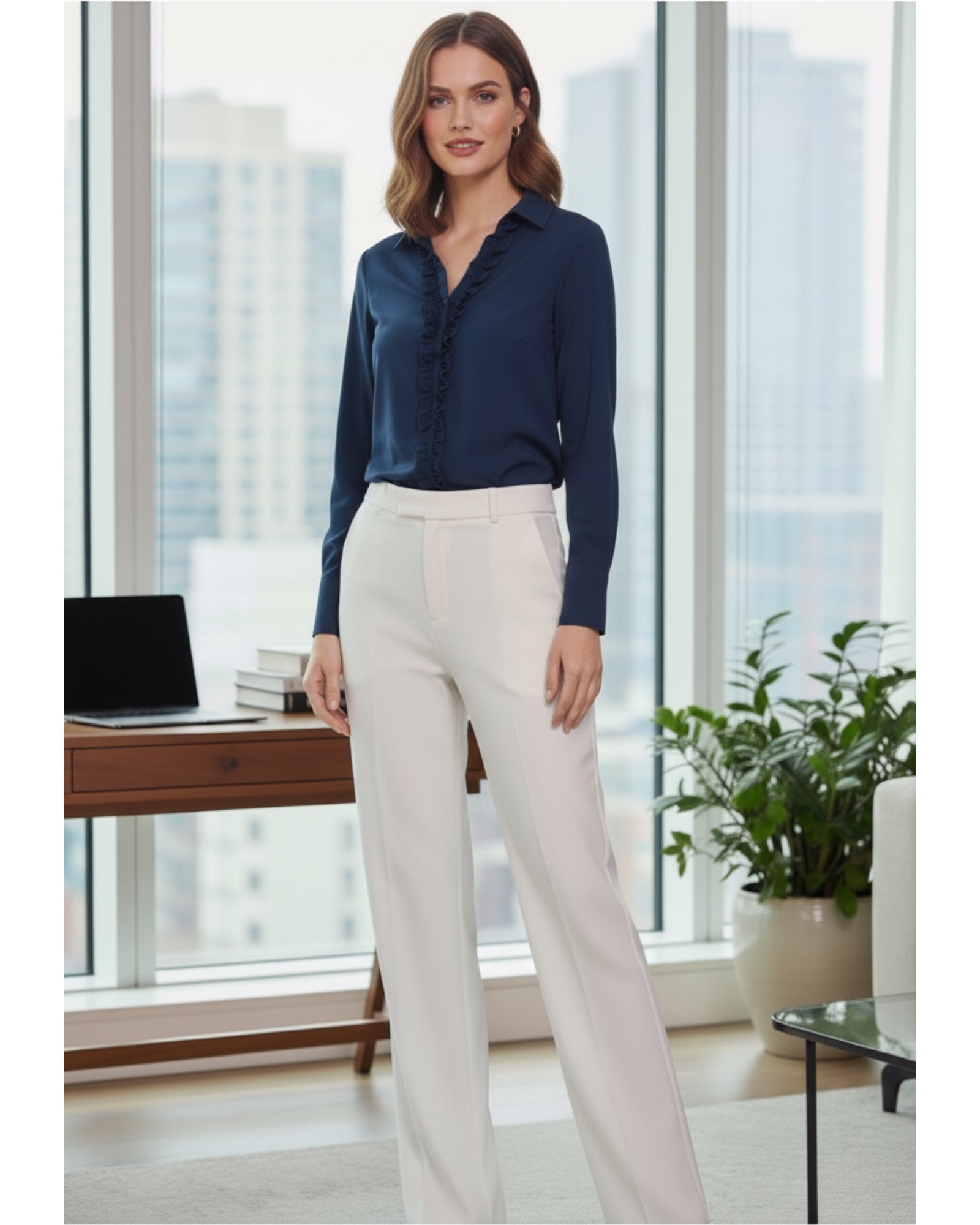 MMSybel Satin Ruffle Shirt – Navy