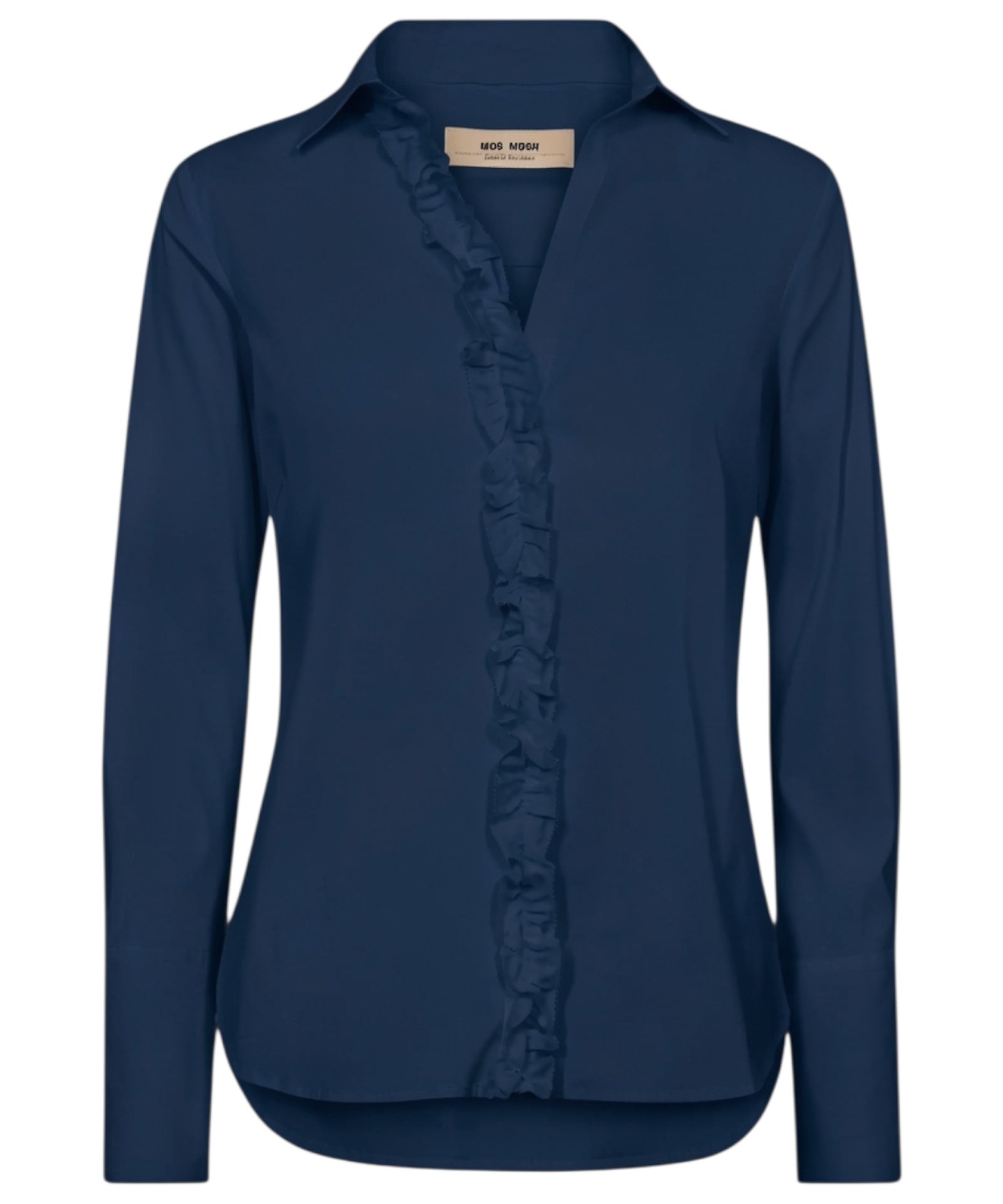 MMSybel Satin Ruffle Shirt in navy, front view with ruffle button placket