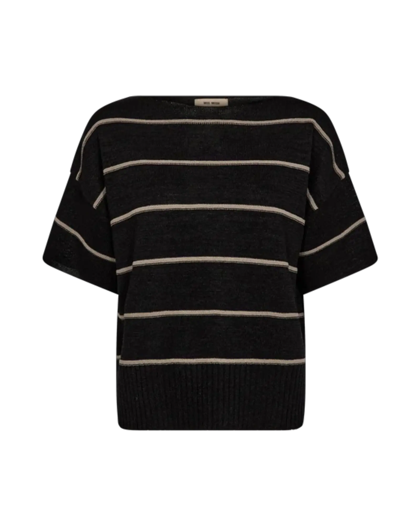 MOS MOSH MMArlen black striped paper knit top with boat neckline, organic cotton and paper fiber blend