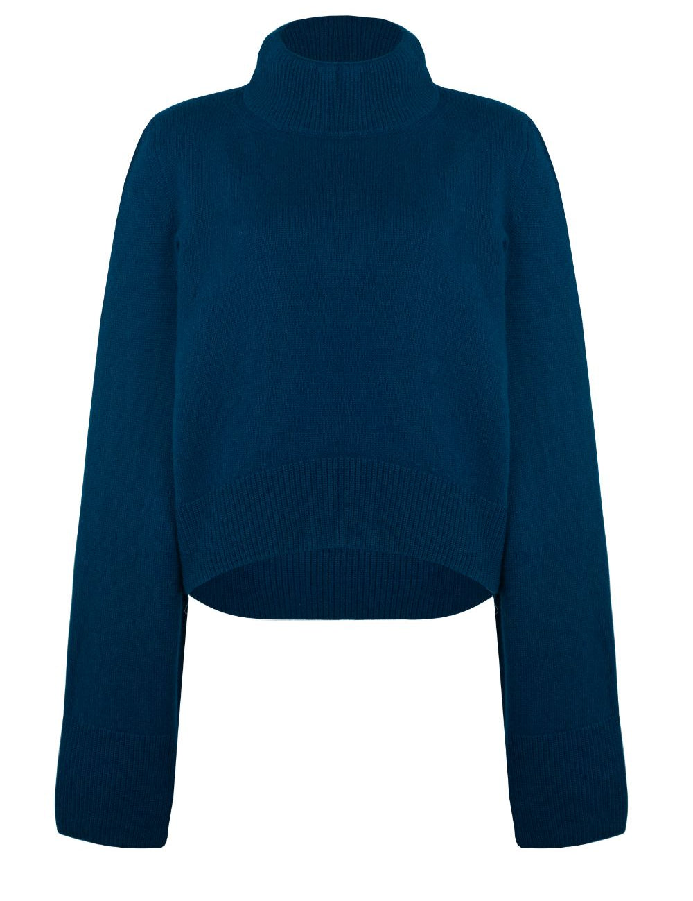 Front view of a petrol blue cashmere sweater by Nuage Cashmere, featuring wide sleeves and a high neck in a deep, knitted design