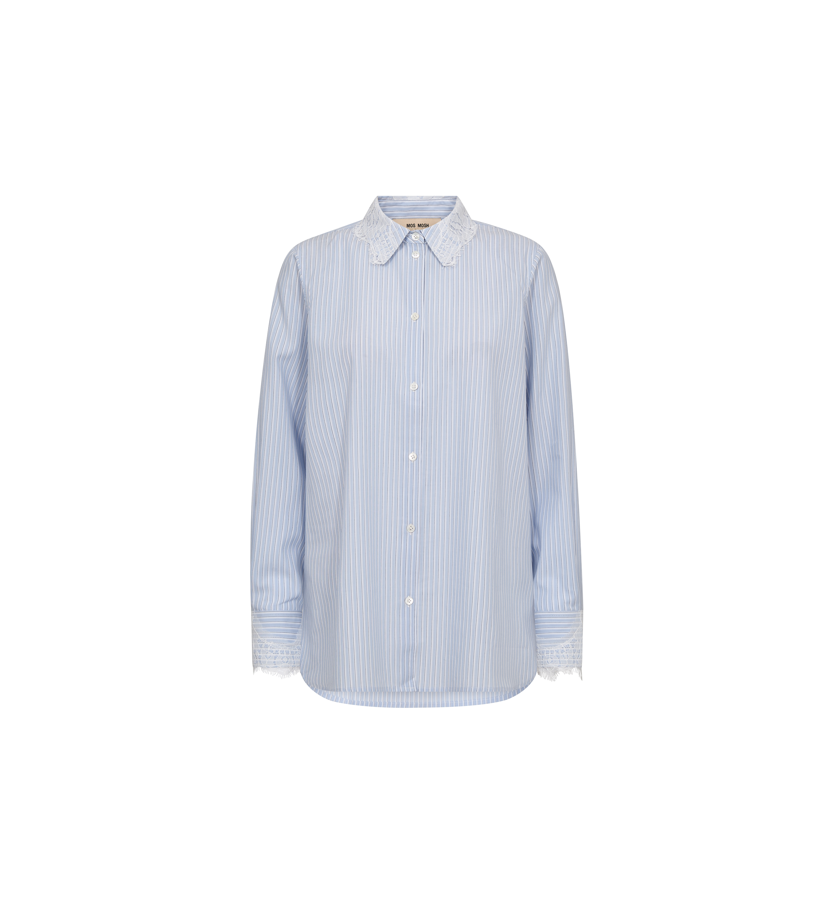 Mos Mosh Elinda stripe lace shirt in Brunnera blue, front view – 99things.ch