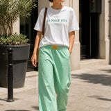 Green Striped Cotton Wide-Leg Pants