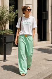 Green Striped Cotton Wide-Leg Pants