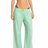 Green Striped Cotton Wide-Leg Pants