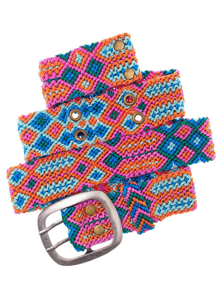 Smitten Adriana Handwoven Belt in orange and blue, flat lay showcasing vibrant geometric design