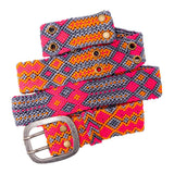 Close-up shot of the Adriana Peppy Handwoven Belt by Smitten, showcasing the detailed grey and pink handwoven design with a sturdy metal buckle.