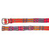 Handwoven Adriana Peppy Belt by Smitten in grey and pink, laid flat with geometric patterns and sturdy metal buckle