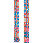 Close-up detail of the Smitten Adriana Handwoven Belt in orange and blue, featuring a vibrant geometric design with a fashion-forward, artisanal touch