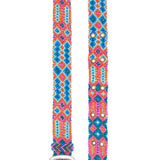 Close-up detail of the Smitten Adriana Handwoven Belt in orange and blue, featuring a vibrant geometric design with a fashion-forward, artisanal touch