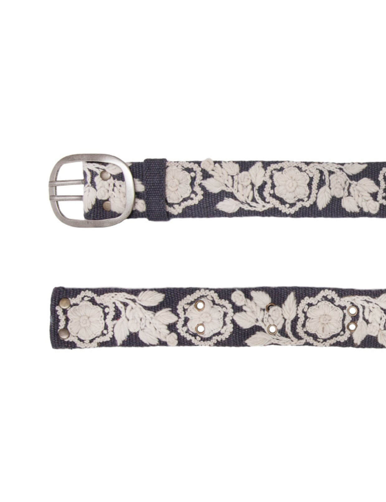 Elevate your wardrobe with the Smitten Two-Tone Stone Belt—hand-embroidered floral details