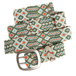 Close-up of the Adriana Handwoven Olive Belt showcasing its detailed craftsmanship and geometric design