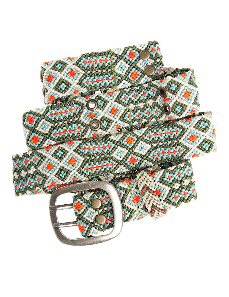Close-up of the Adriana Handwoven Olive Belt showcasing its detailed craftsmanship and geometric design