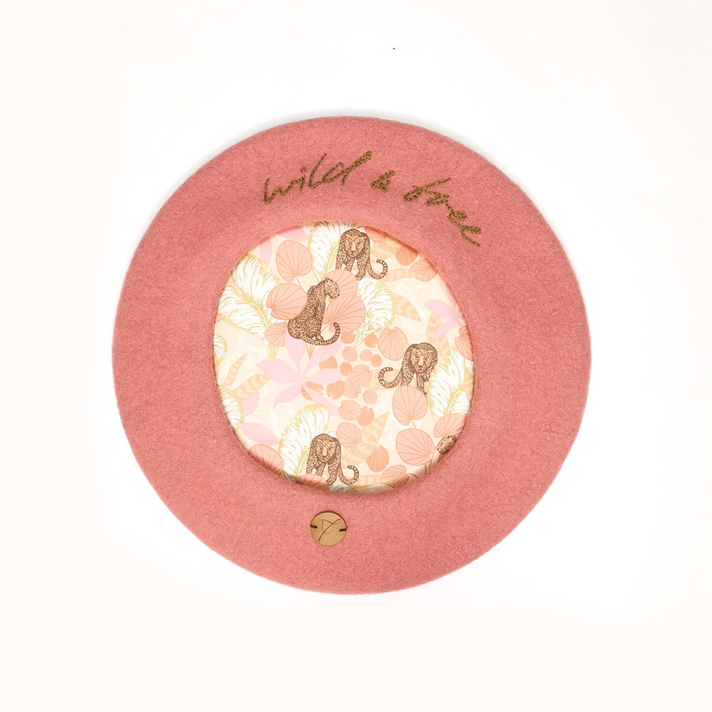 Super cute pink hand embroidered beret by Swiss Hatwear brand ULALAND
