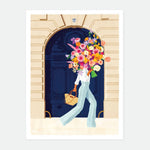 Parisian Door art print by All the Ways to Say: a woman carrying a flower bouquet through a blue Parisian door