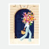 Parisian Door art print by All the Ways to Say: a woman carrying a flower bouquet through a blue Parisian door