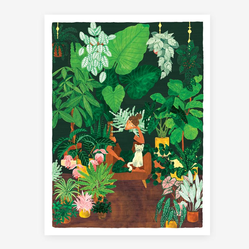 Plant Addict Lady art print by All the Ways to Say: a woman surrounded by lush green houseplants