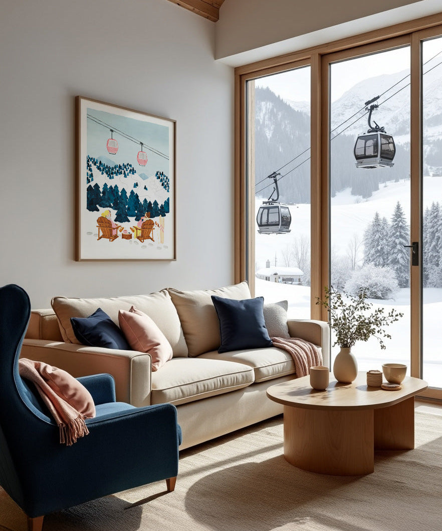 Snowy Alps poster by All the Ways to Say framed in a chalet living room with a view of gondolas