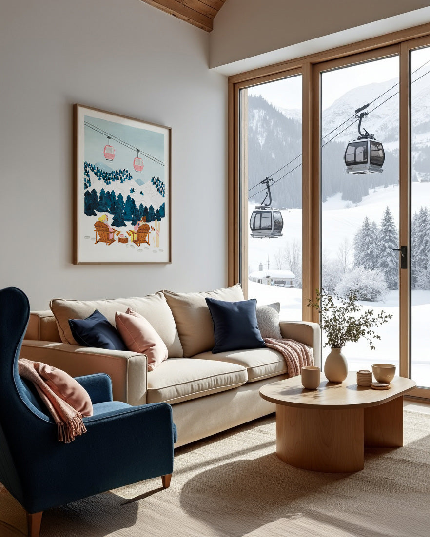 Snowy Alps poster by All the Ways to Say framed in a chalet living room with a view of gondolas