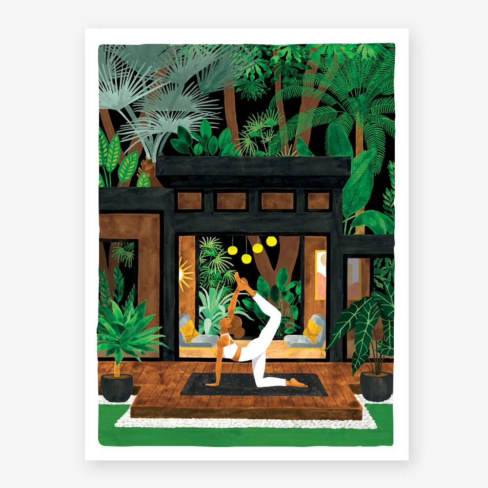 Yoga Terrace art print by All the Ways to Say: a woman doing yoga on a terrace full of tropical plants