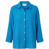 August bright blue crinkle-texture shirt with classic collar and button front