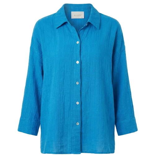 August bright blue crinkle-texture shirt with classic collar and button front