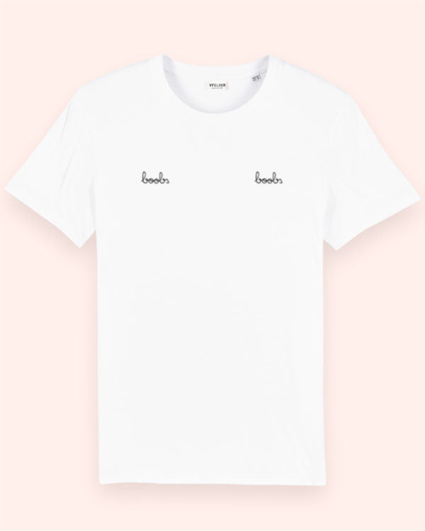 Vfelder White Organic Cotton-Jersey T-shirt featuring hand-embroidered text 'Boobs'