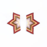 Handwoven half-star earrings in brown and cream, showcasing a vibrant gradient and carefully crafted beaded details