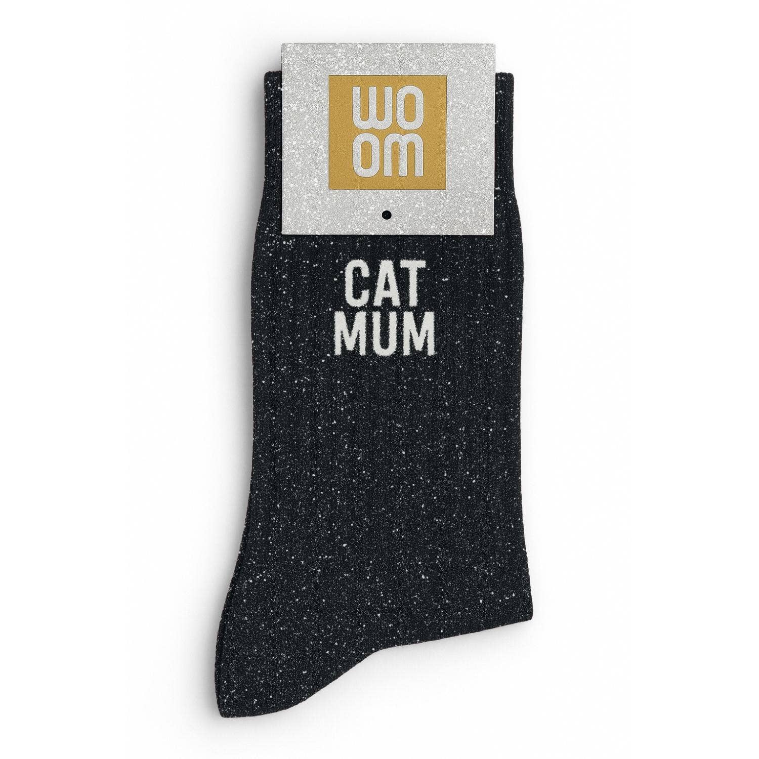 Black sparkly "Cat Mum" crew socks with white glitter text