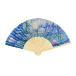 Claude Monet Hand Fan – Waterlilies (Nymphéas) — bamboo folding fan with printed fabric, unfolded, with gift box