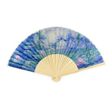 Claude Monet Hand Fan – Waterlilies (Nymphéas) — bamboo folding fan with printed fabric, unfolded, with gift box