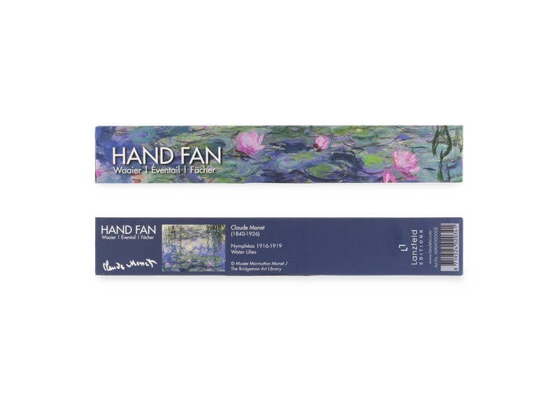 Claude Monet Hand Fan – Waterlilies (Nymphéas) — bamboo folding fan with printed fabric, view 2