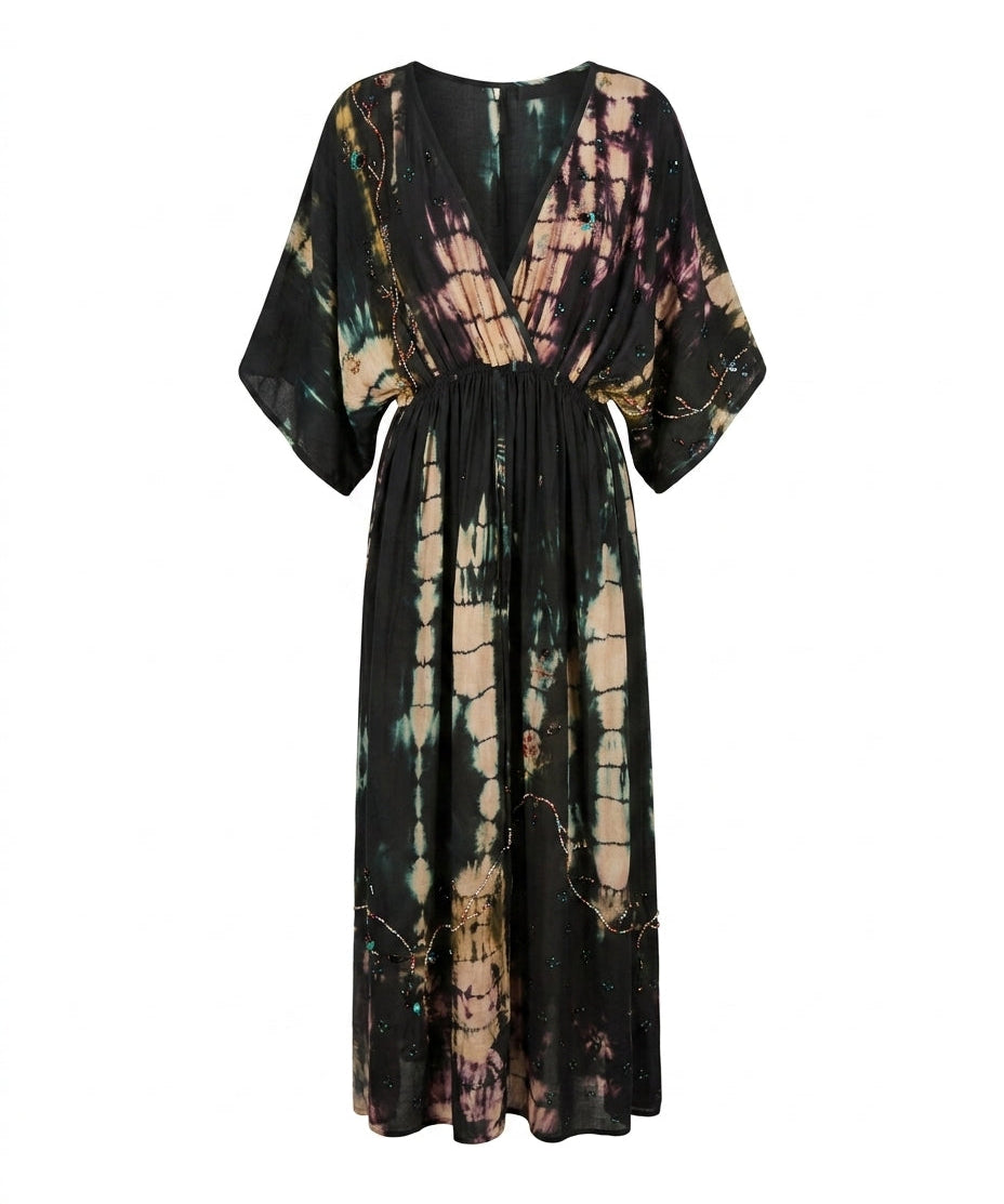 Cofur 'Bali' Embroidered Silk Wrap Dress – Black Multicolour – front view
