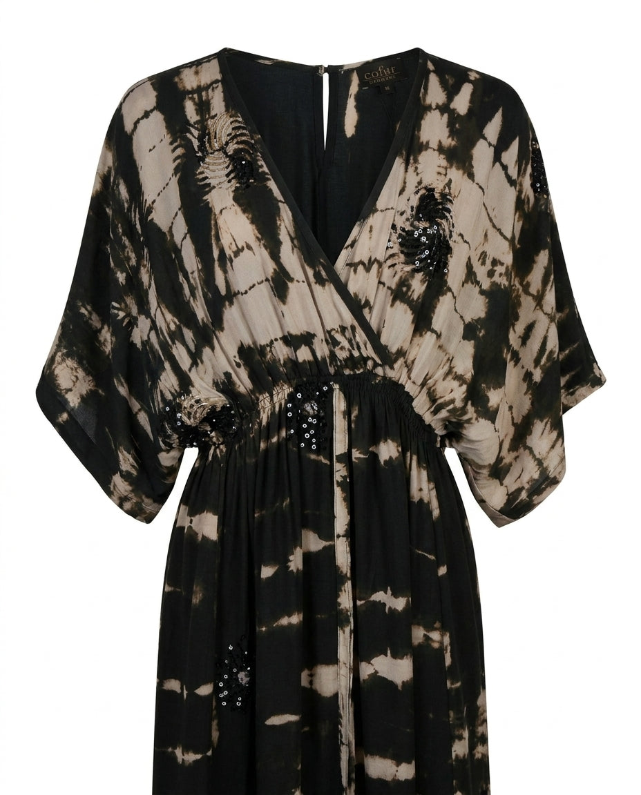 Cofur 'Bali' Embroidered Silk Wrap Dress – Black & Taupe – detail