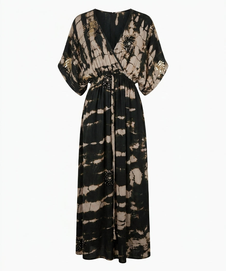 Cofur 'Bali' Embroidered Silk Wrap Dress – Black & Taupe – front view
