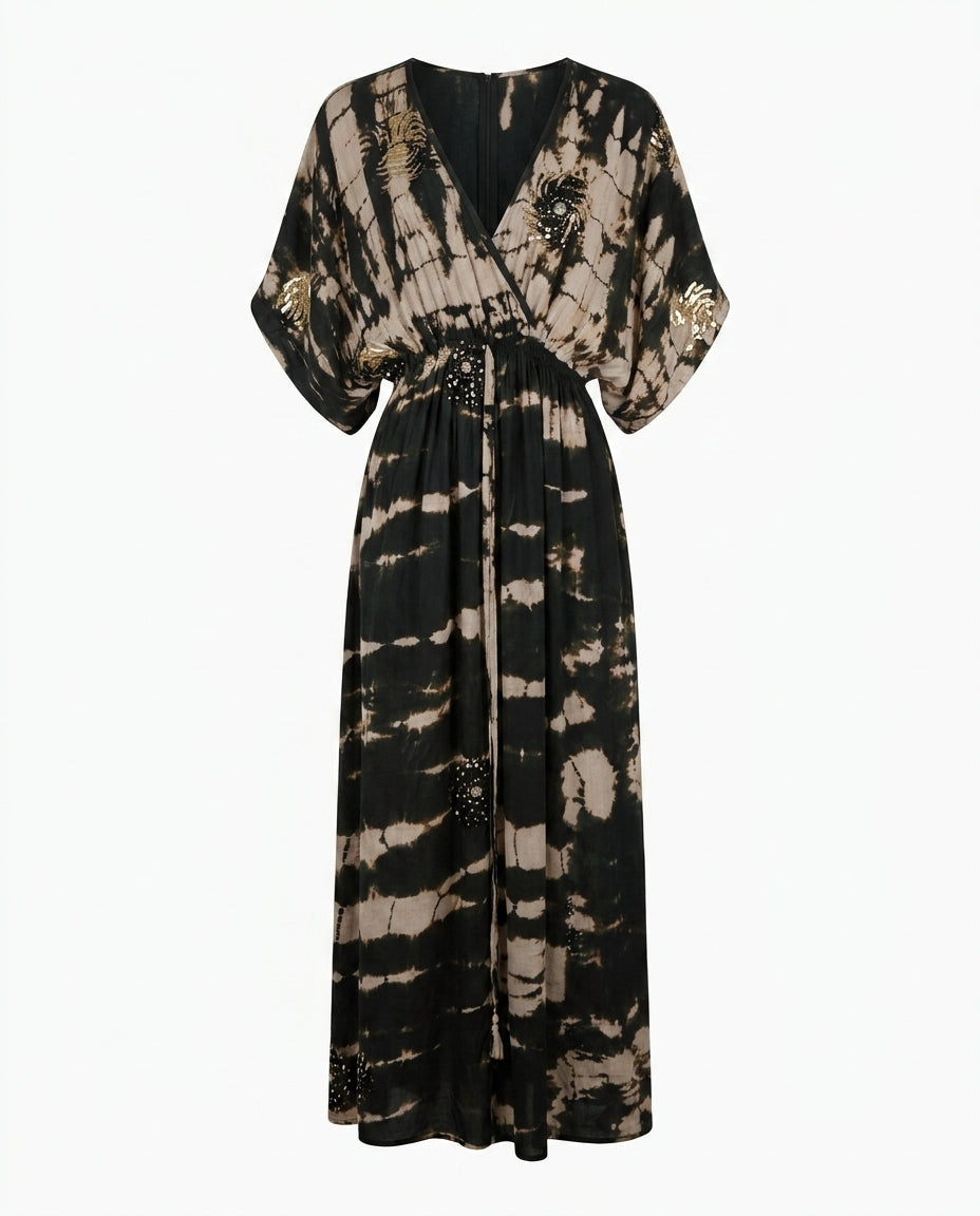 Cofur 'Bali' Embroidered Silk Wrap Dress – Black & Taupe – front view