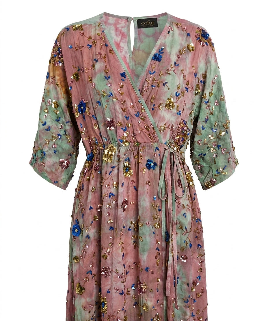 Cofur 'Bali' Embroidered Silk Wrap Dress – Pink & Mint – detail