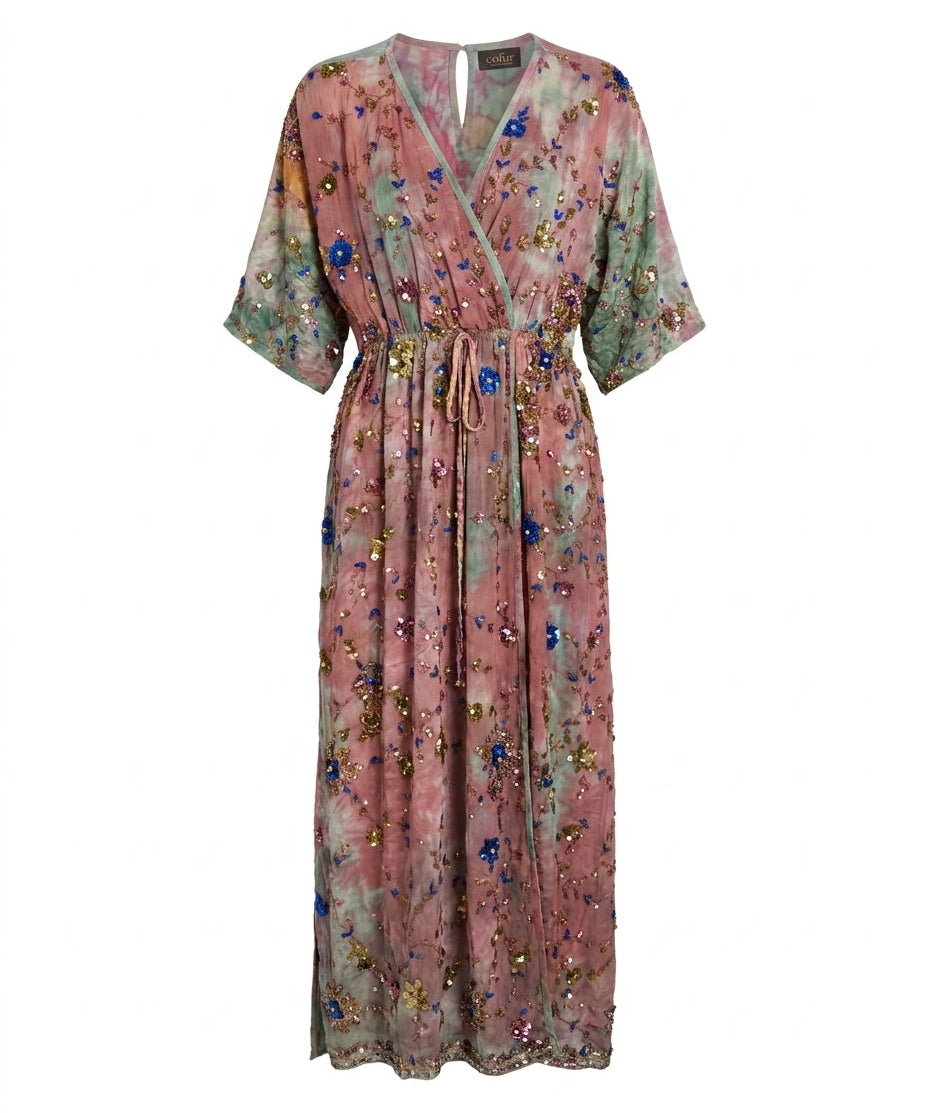 Cofur 'Bali' Embroidered Silk Wrap Dress – Pink & Mint – front view