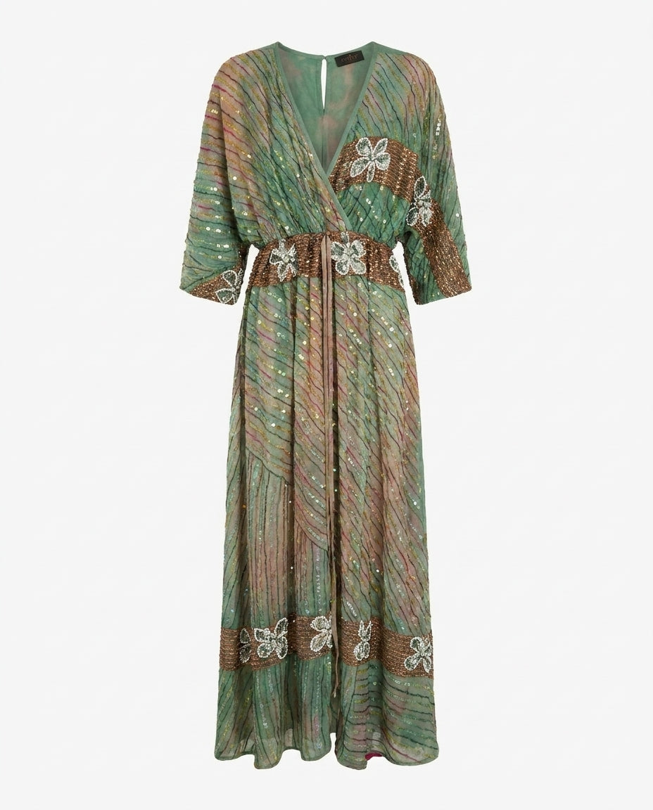 Cofur 'Bali' Embroidered Silk Wrap Dress – Sage & Gold – front view