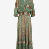 Cofur 'Bali' Embroidered Silk Wrap Dress – Sage & Gold – front view