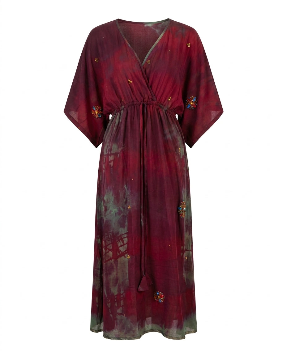 Cofur 'Bali' Embroidered Silk Wrap Dress – Turquoise & Brown – front view