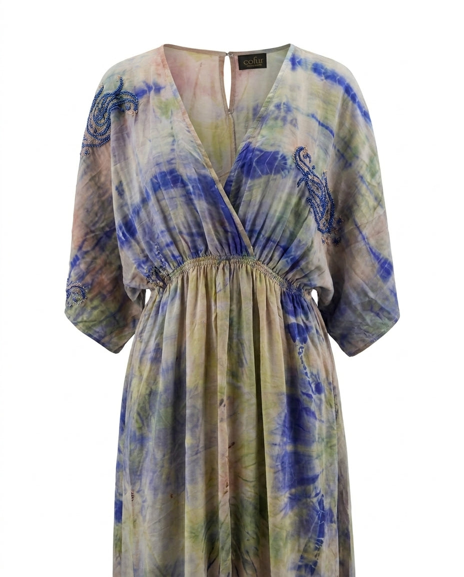 Cofur 'Bali' Silk Wrap Dress – Cornflower & Peach – detail