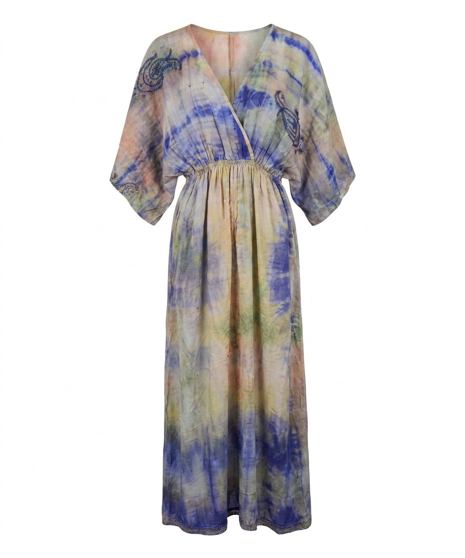 Cofur 'Bali' Silk Wrap Dress – Cornflower & Peach – front view